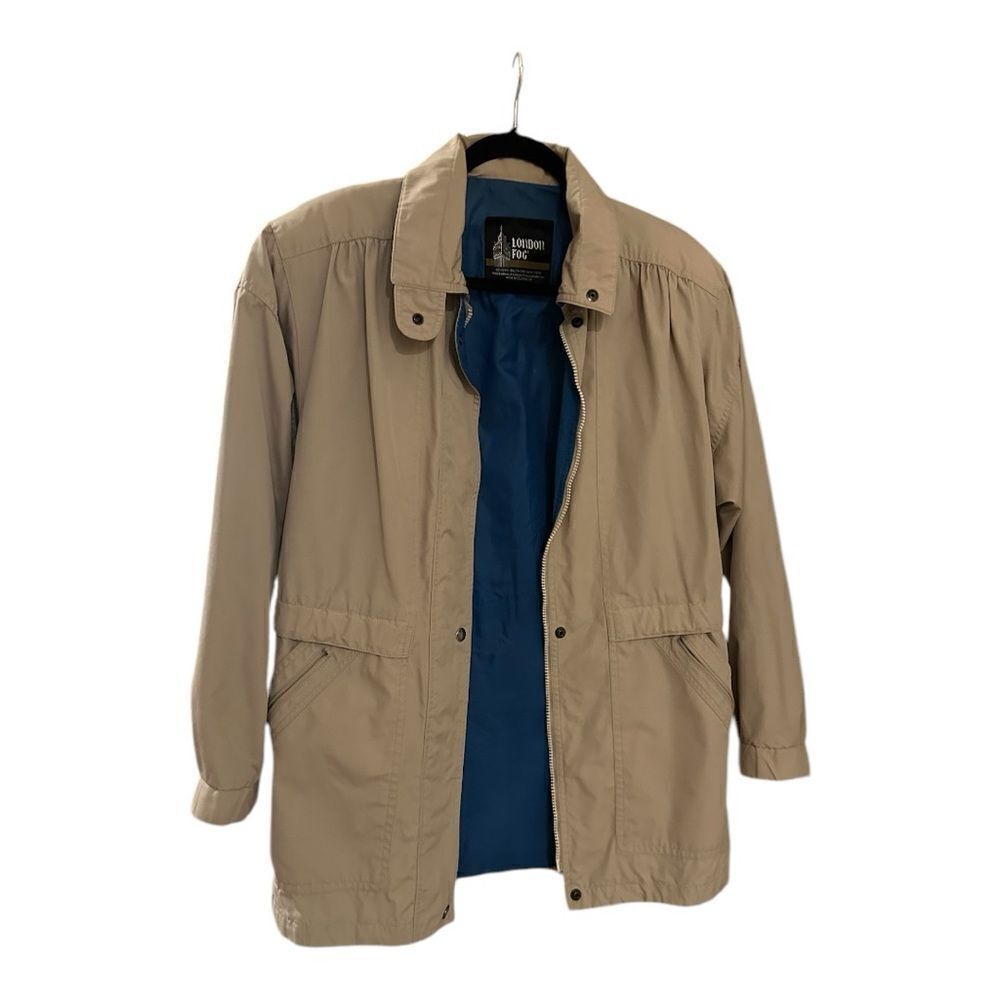 London Fog coat medium blue leather zipper snaps pockets excellent condition